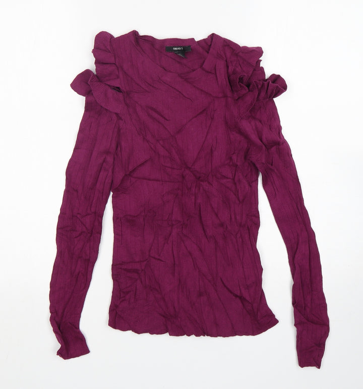 FOREVER 21 Womens Purple Round Neck Cotton Pullover Jumper Size L
