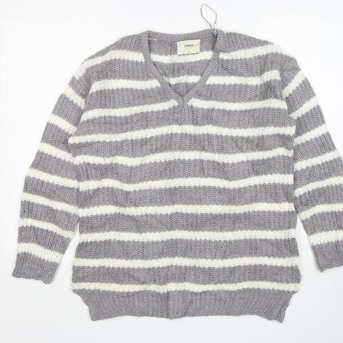 Papaya Womens Grey V-Neck Striped Acrylic Pullover Jumper Size M