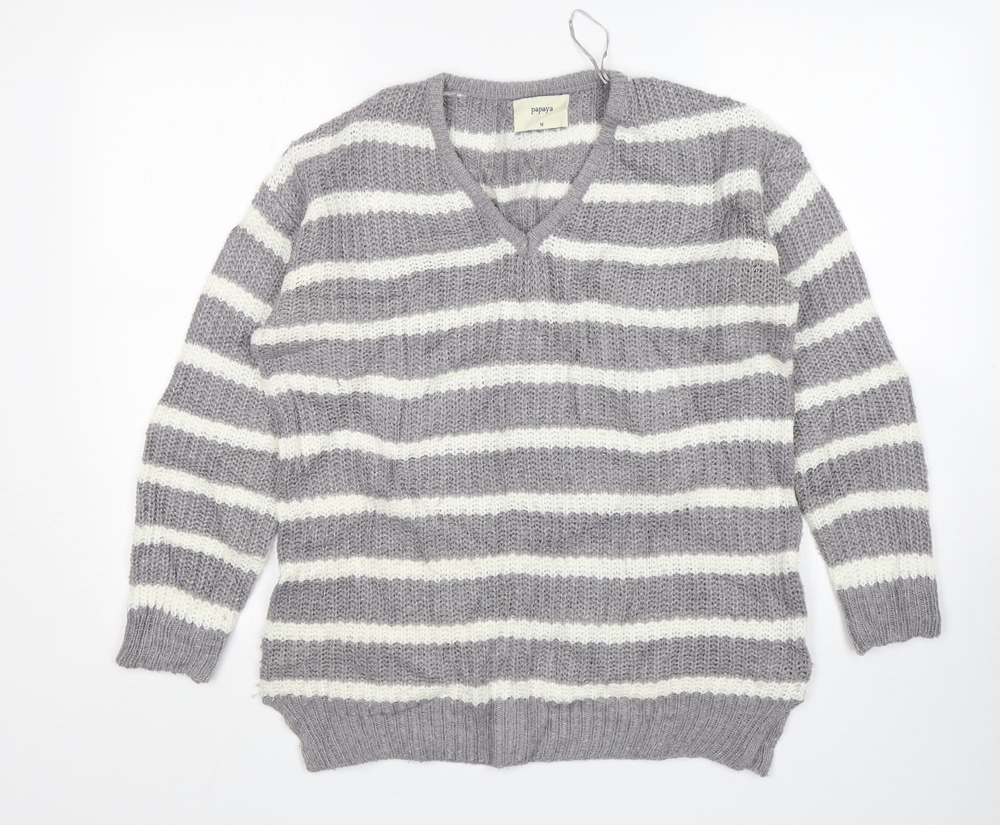 Papaya Womens Grey V-Neck Striped Acrylic Pullover Jumper Size M