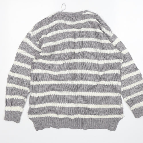 Papaya Womens Grey V-Neck Striped Acrylic Pullover Jumper Size M