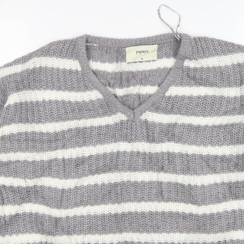 Papaya Womens Grey V-Neck Striped Acrylic Pullover Jumper Size M