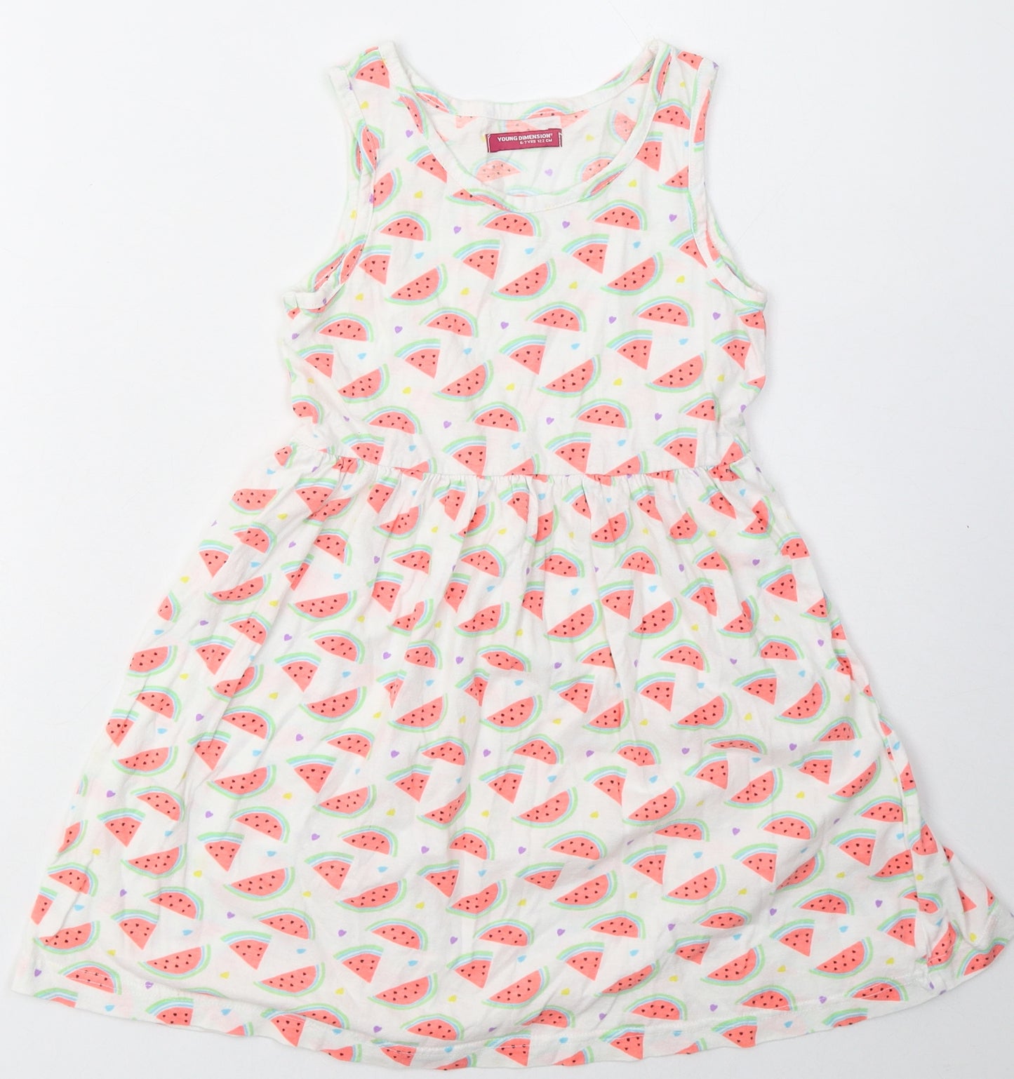 Primark Girls White Geometric Cotton A-Line  Size 6-7 Years  Crew Neck Pullover - Watermelon Print