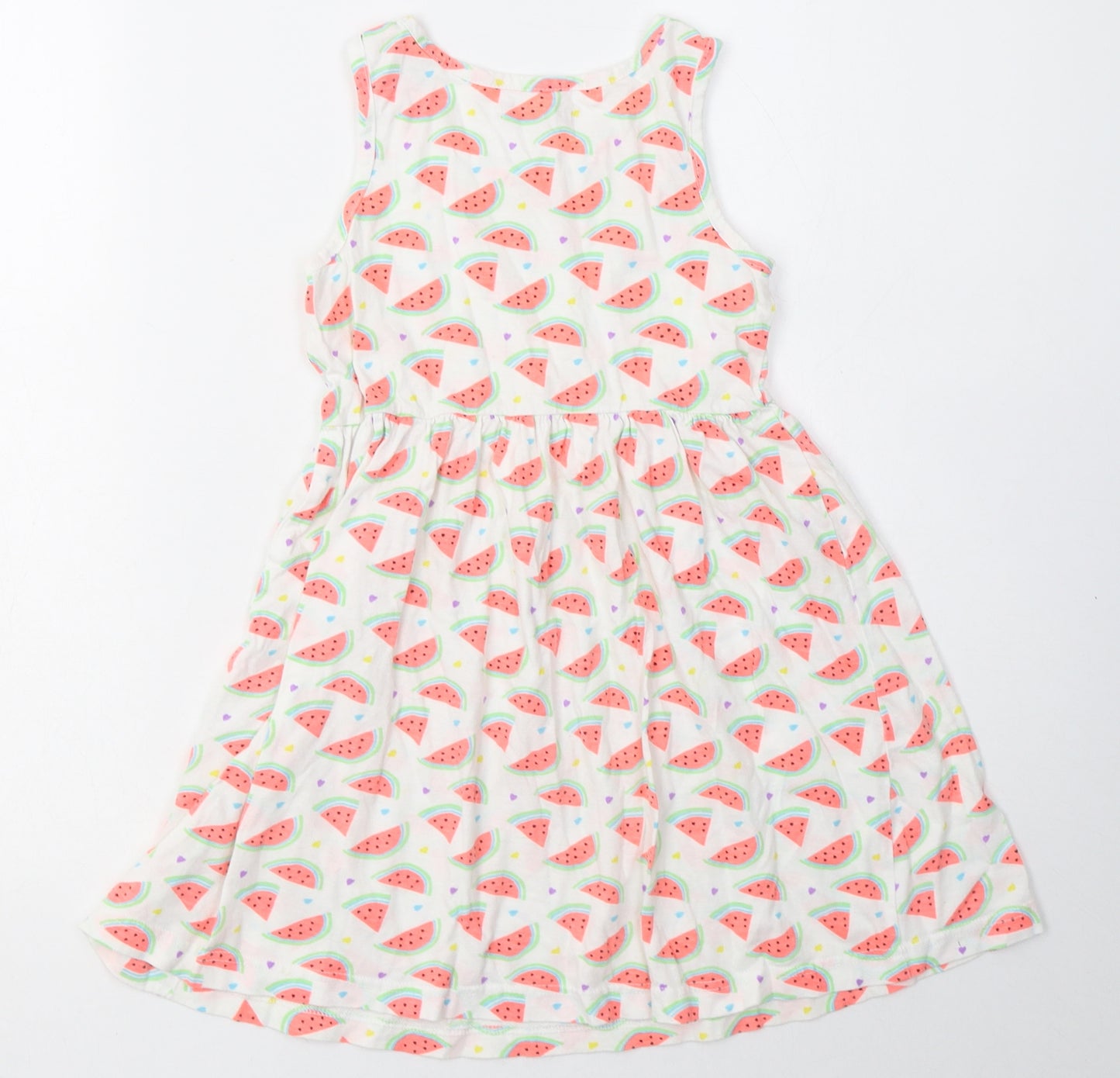 Primark Girls White Geometric Cotton A-Line  Size 6-7 Years  Crew Neck Pullover - Watermelon Print