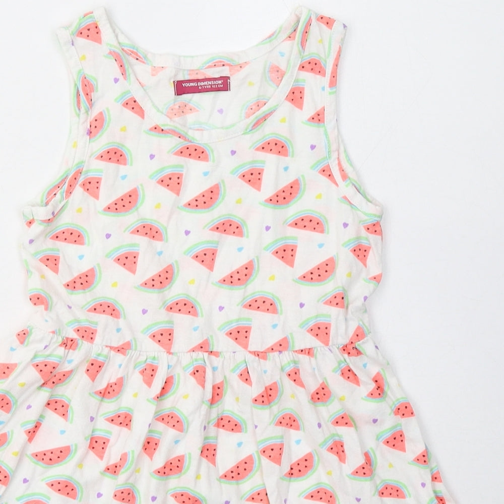 Primark Girls White Geometric Cotton A-Line  Size 6-7 Years  Crew Neck Pullover - Watermelon Print