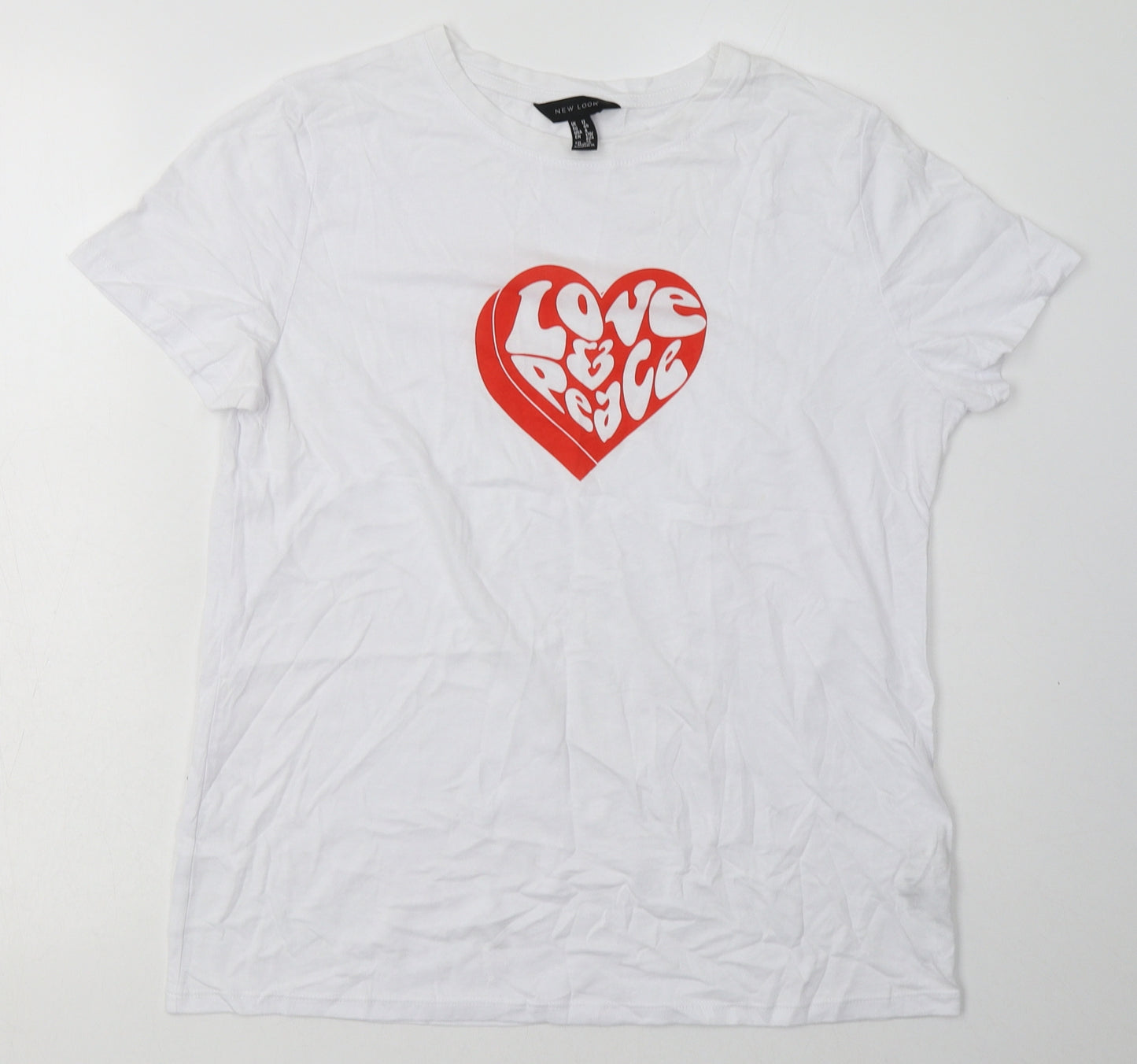New Look Womens White  Cotton Basic T-Shirt Size 12 Crew Neck - love & peace