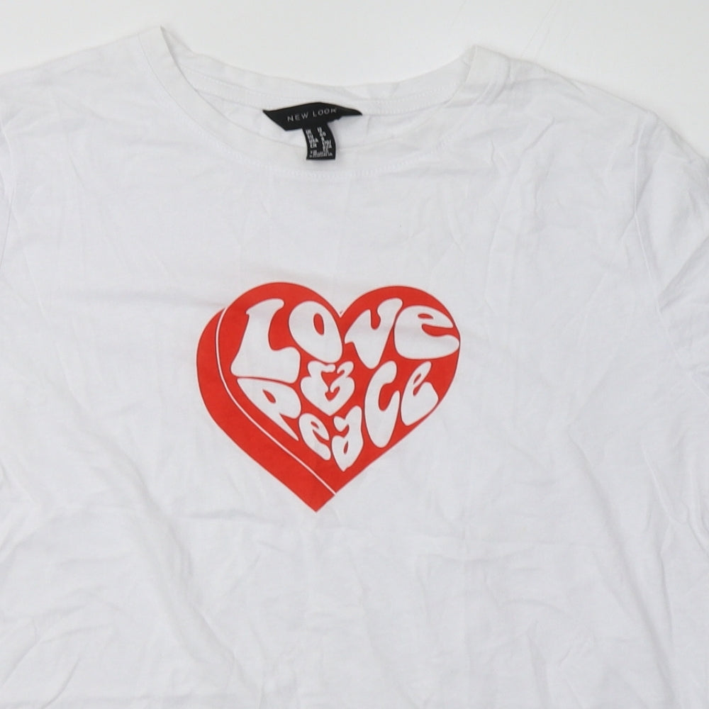 New Look Womens White  Cotton Basic T-Shirt Size 12 Crew Neck - love & peace