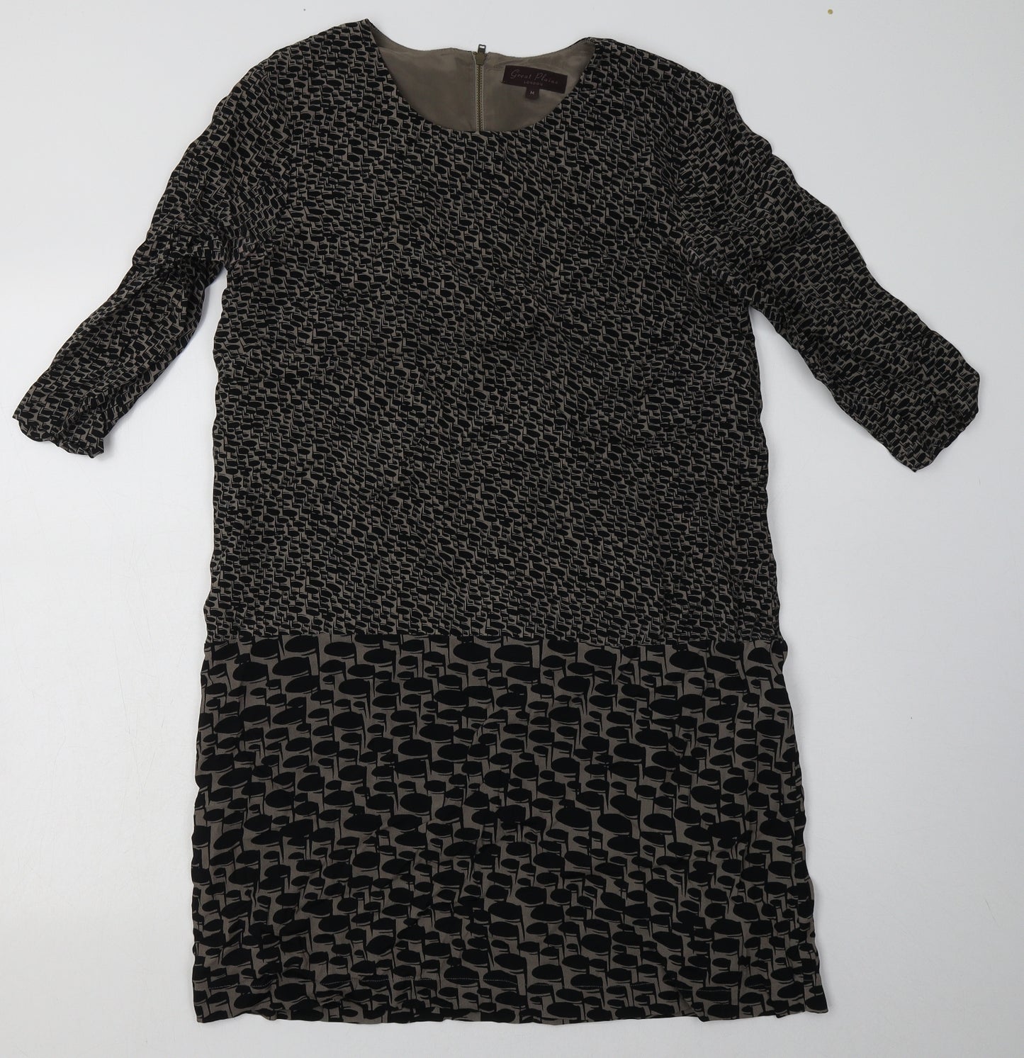 Great Plains Womens Brown Geometric Polyester A-Line  Size M  Crew Neck Zip