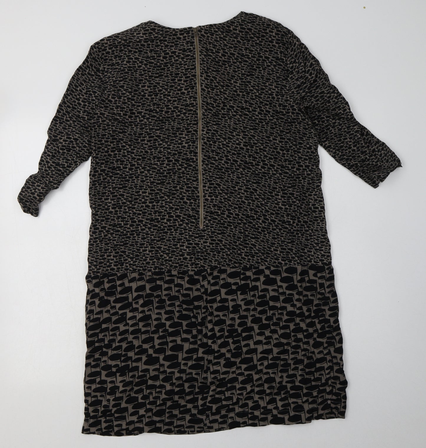 Great Plains Womens Brown Geometric Polyester A-Line  Size M  Crew Neck Zip