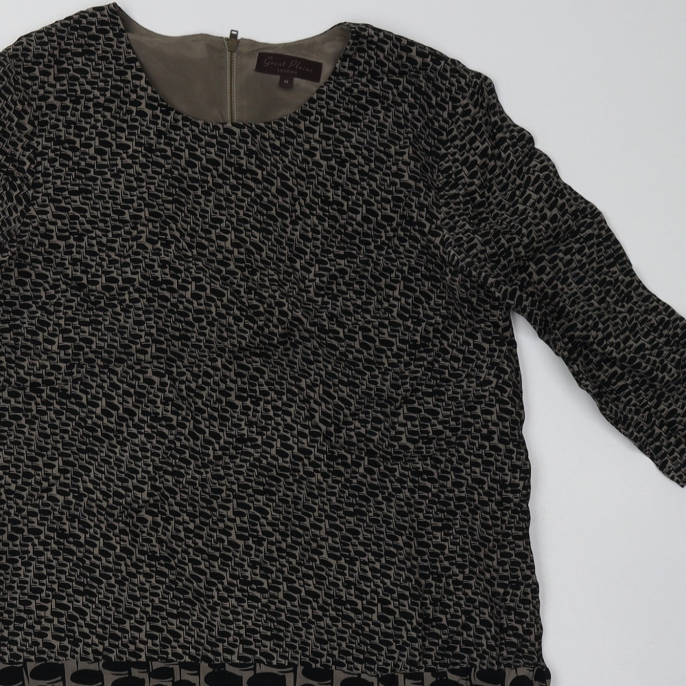 Great Plains Womens Brown Geometric Polyester A-Line  Size M  Crew Neck Zip