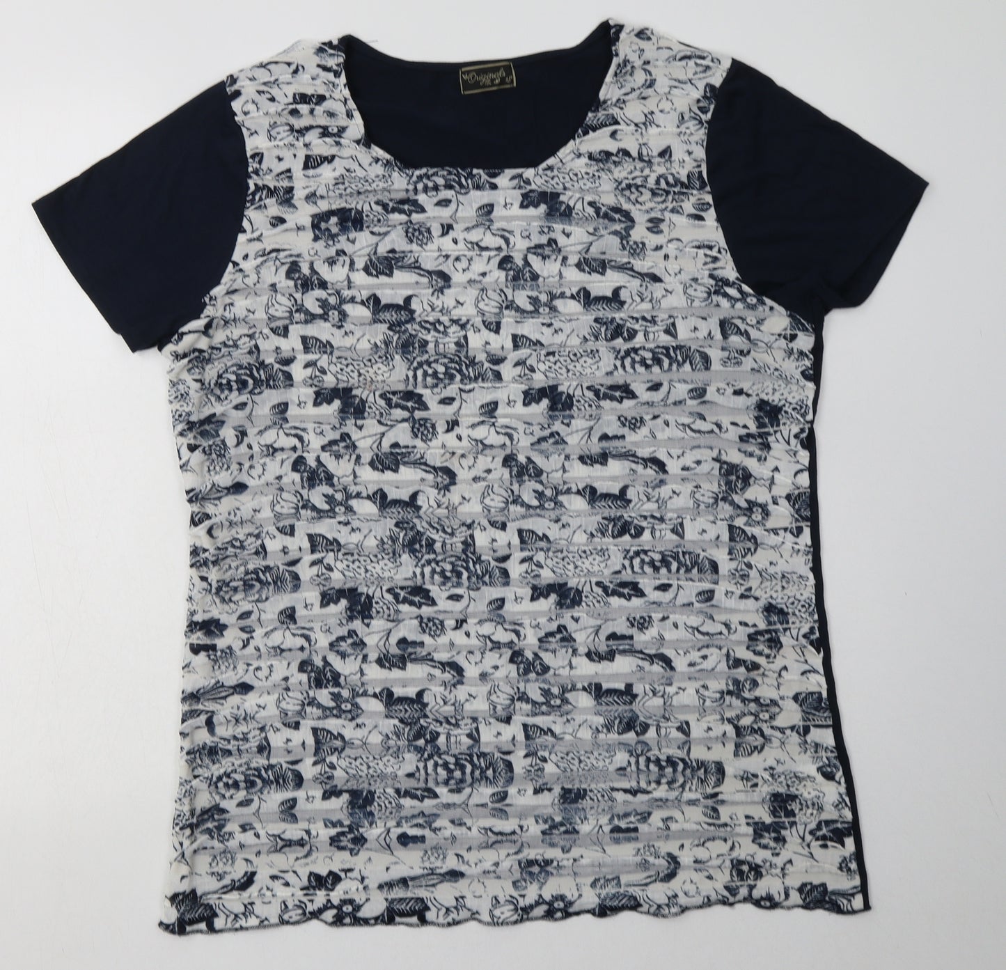 originlas Womens Blue Floral Polyester Basic T-Shirt Size 18 Crew Neck