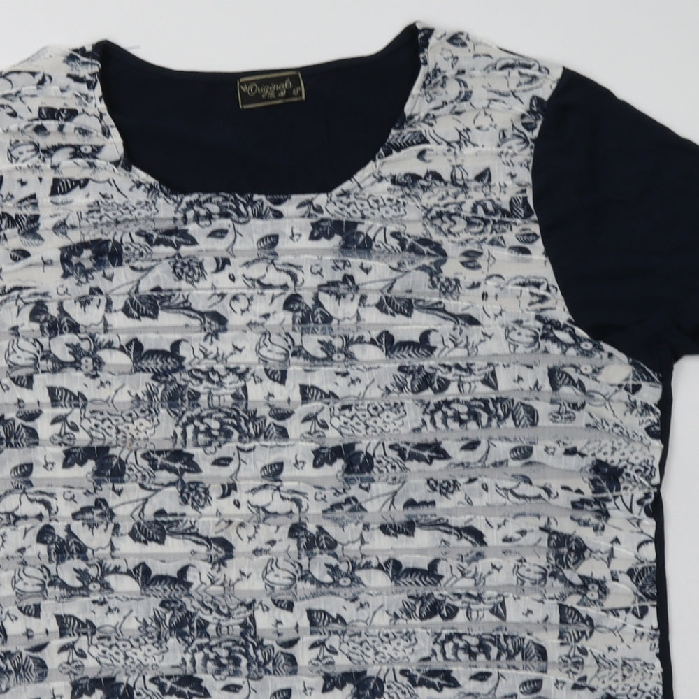 originlas Womens Blue Floral Polyester Basic T-Shirt Size 18 Crew Neck
