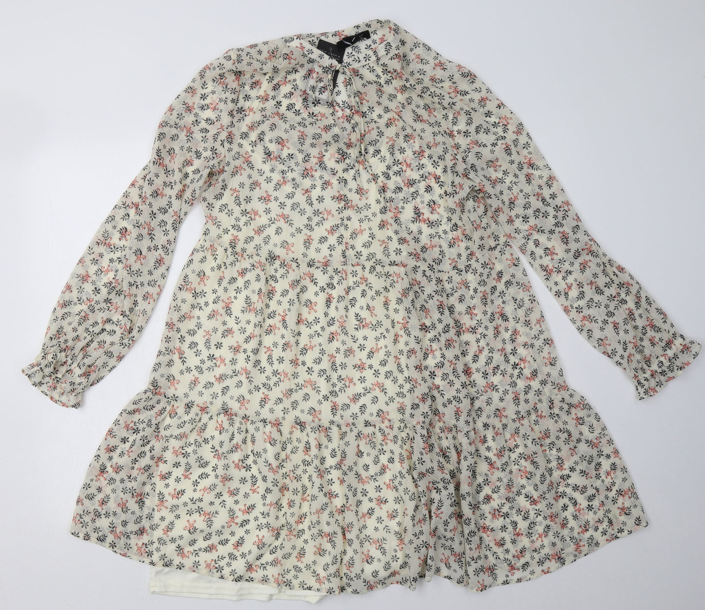 New Look Womens Beige Floral Polyester A-Line  Size 10  Crew Neck Tie