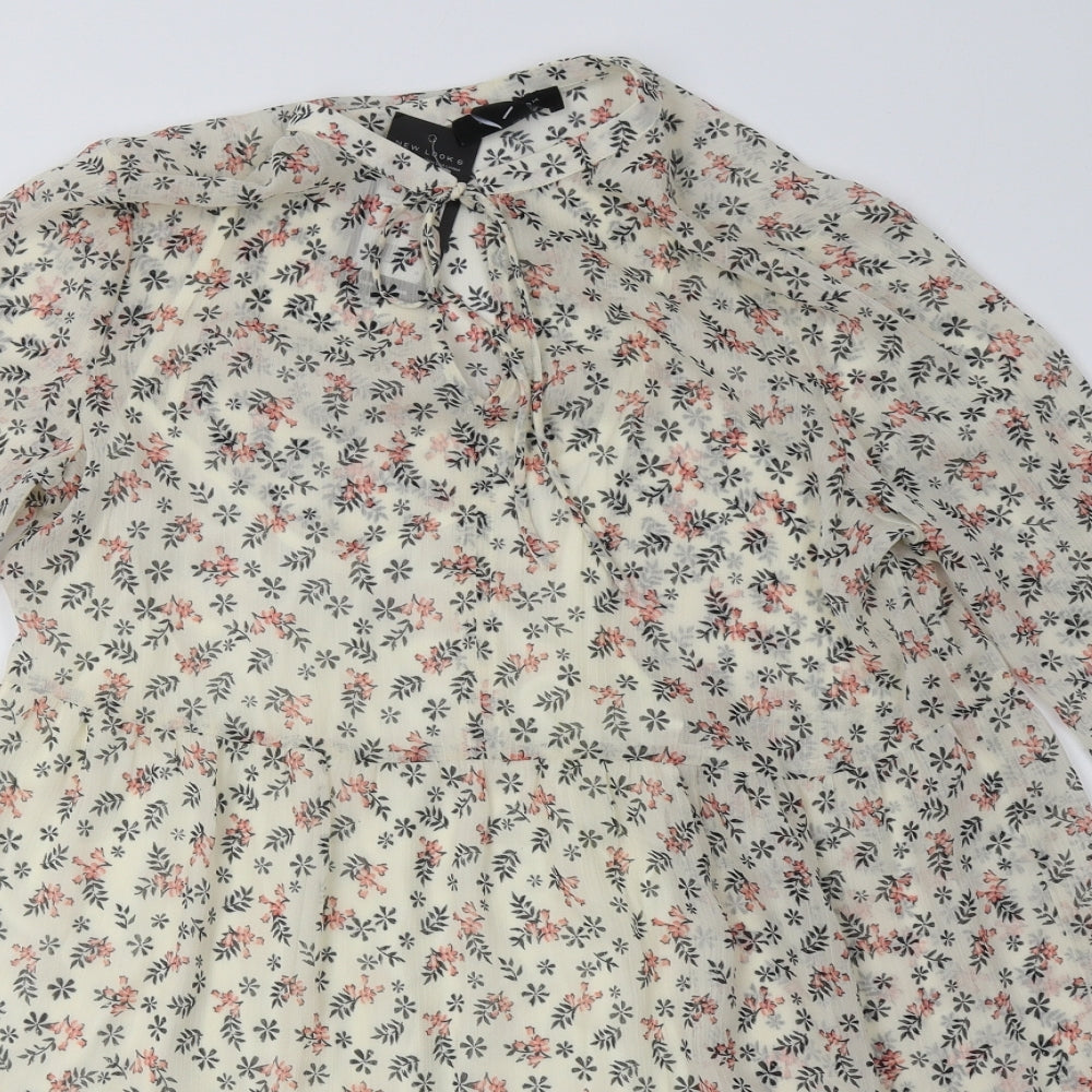 New Look Womens Beige Floral Polyester A-Line  Size 10  Crew Neck Tie