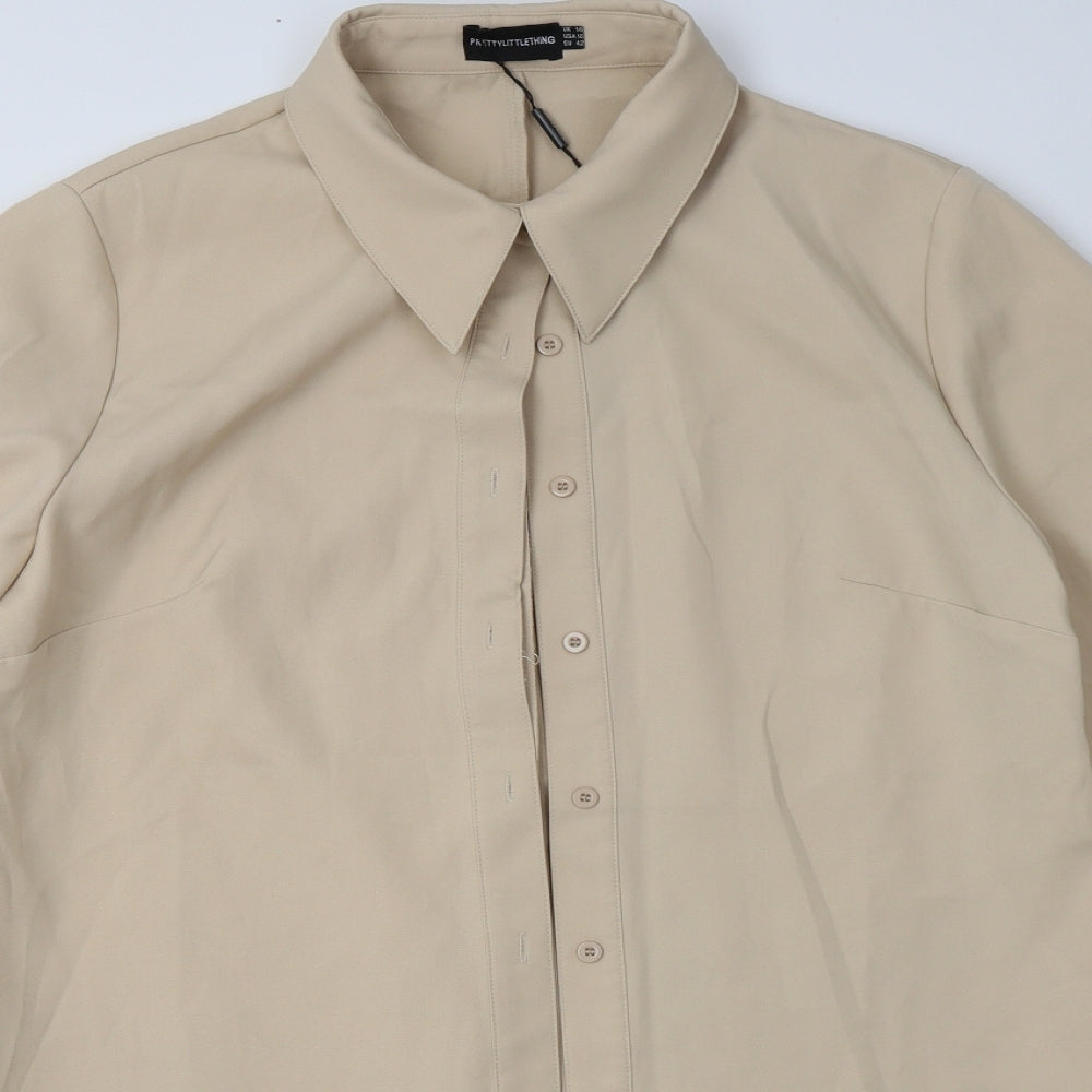 PRETTYLITTLETHING Womens Beige  Polyester Shirt Dress  Size 14  Collared Button