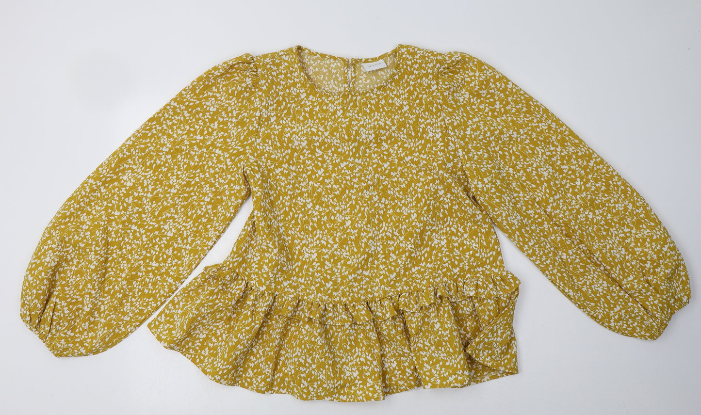 VILA Womens Yellow Floral Polyester Basic Blouse Size 10 Crew Neck