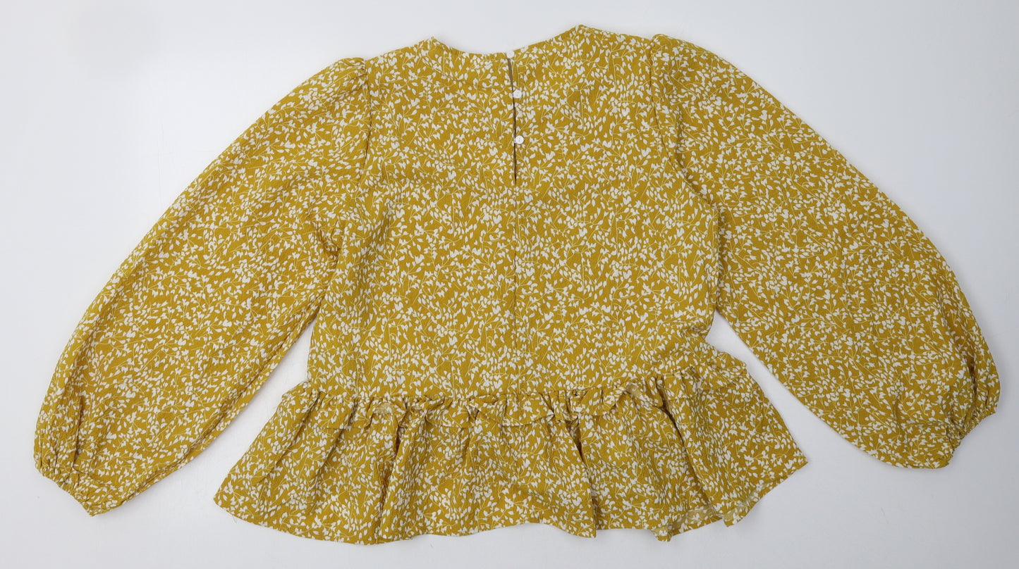 VILA Womens Yellow Floral Polyester Basic Blouse Size 10 Crew Neck