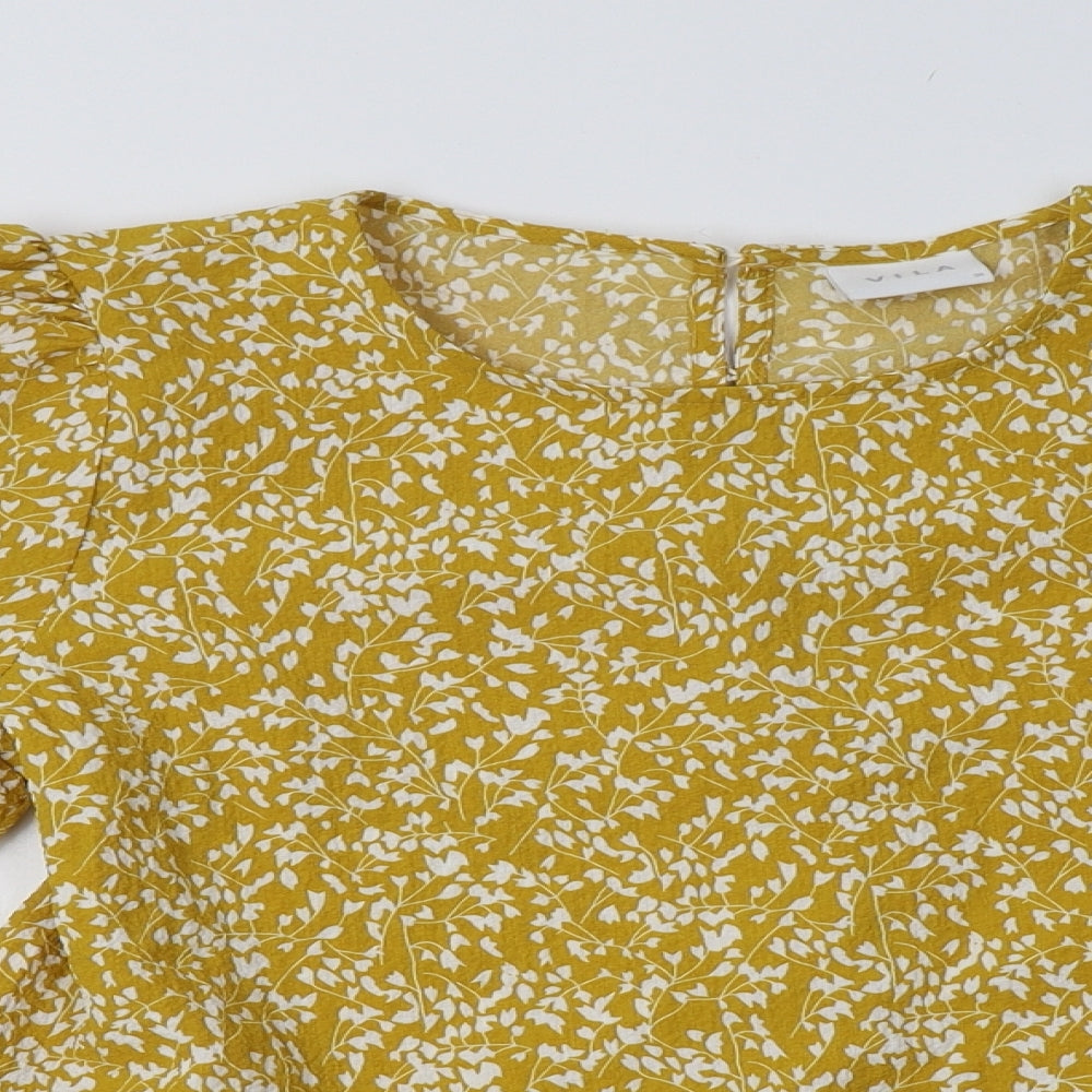 VILA Womens Yellow Floral Polyester Basic Blouse Size 10 Crew Neck