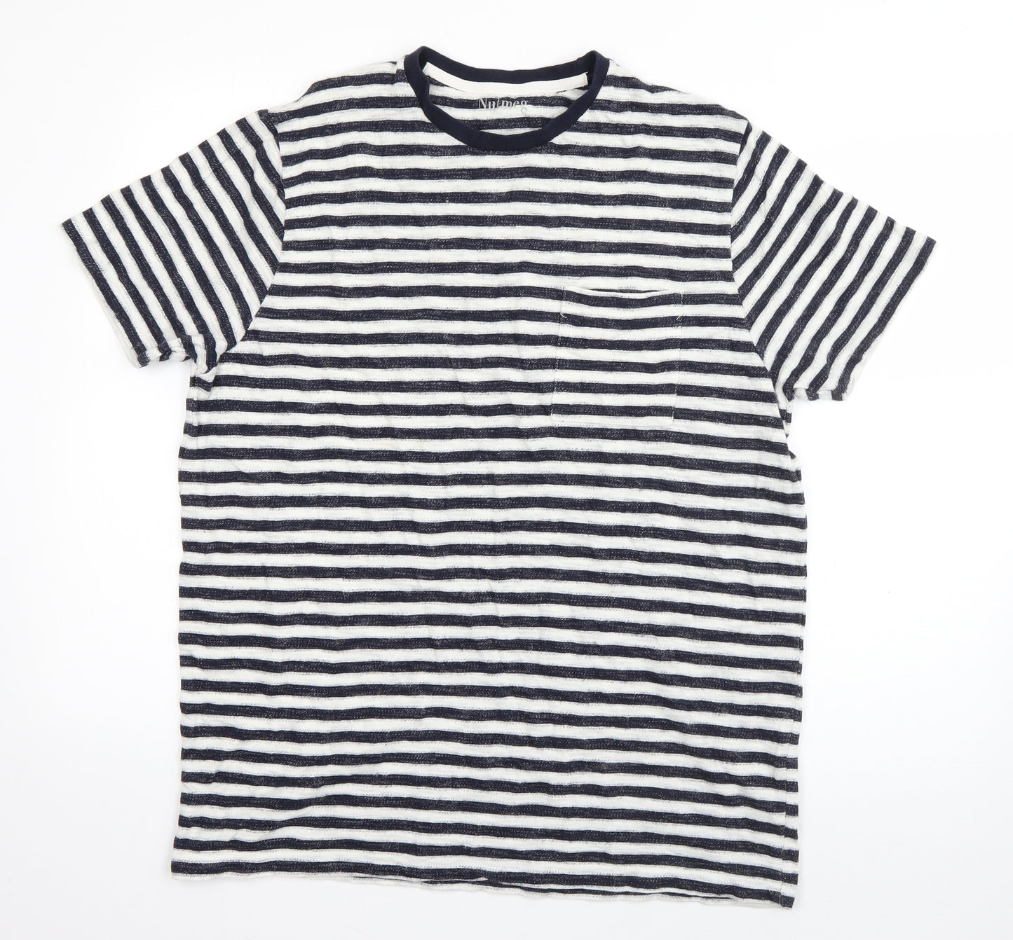 Nutmeg Mens Blue Striped Cotton  T-Shirt Size L Round Neck