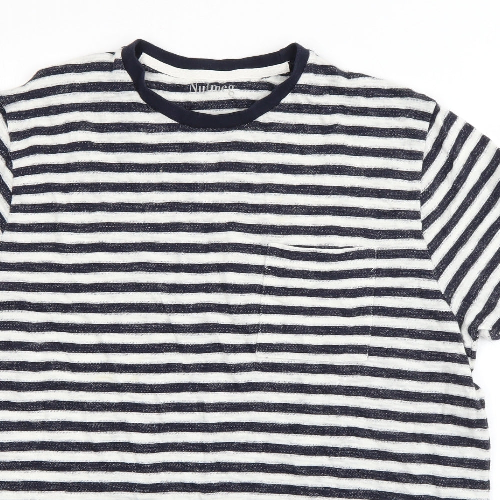 Nutmeg Mens Blue Striped Cotton  T-Shirt Size L Round Neck
