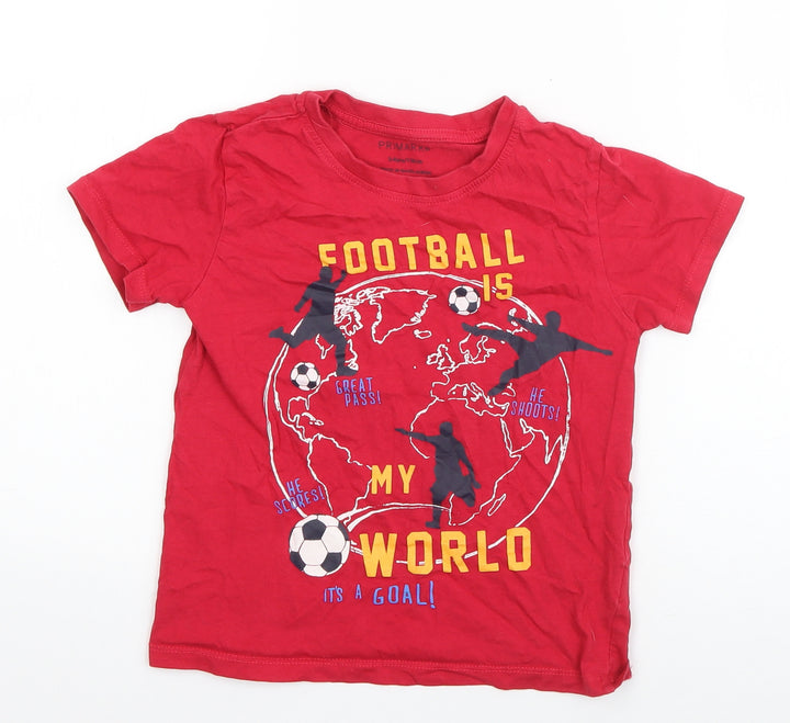 Primark Boys Red Cotton Basic T-Shirt Size 5-6 Years Round Neck Pullover - Football