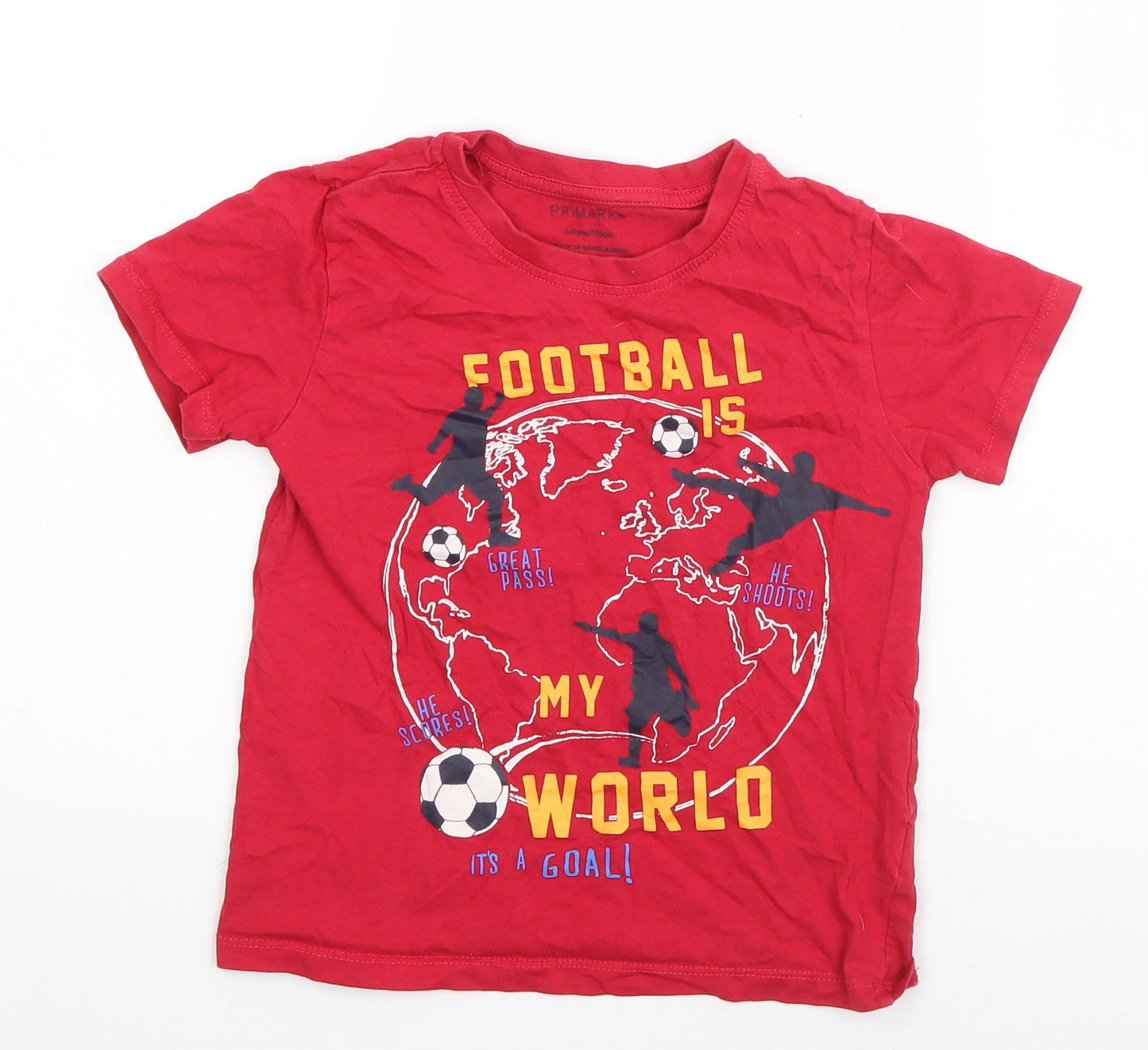 Primark Boys Red  Cotton Basic T-Shirt Size 5-6 Years Round Neck Pullover - Football