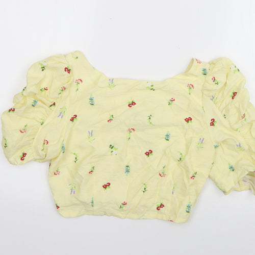 Glamourous Womens Yellow Floral Polyester Basic Blouse Size 10 Boat Neck