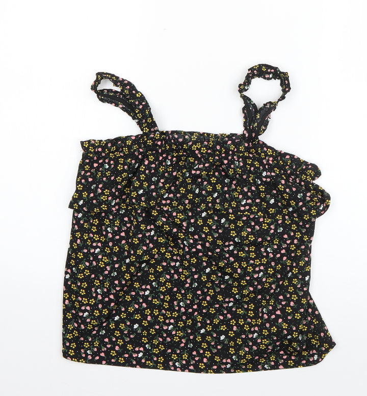Primark Girls Black Floral Polyester Basic Blouse Size 11-12 Years Square Neck Pullover