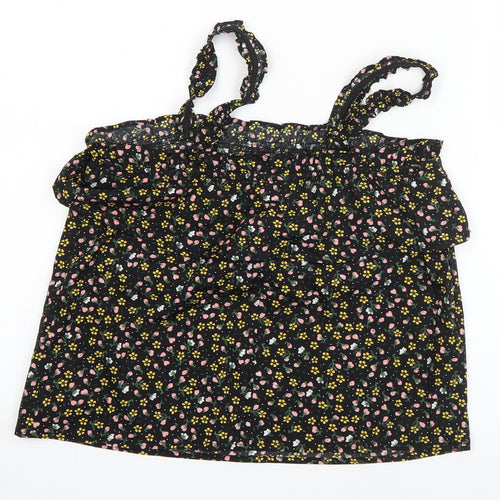 Primark Girls Black Floral Polyester Basic Blouse Size 11-12 Years Square Neck Pullover