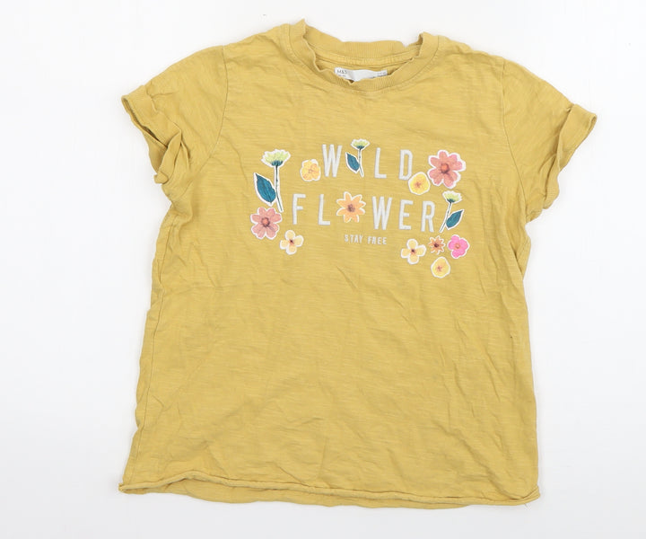 Marks and Spencer Boys Yellow  Cotton Basic T-Shirt Size 9-10 Years Round Neck Pullover - Wild Flower