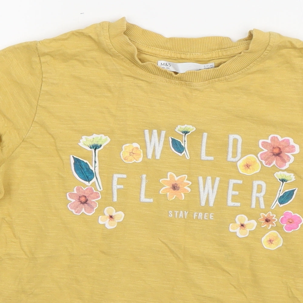 Marks and Spencer Boys Yellow  Cotton Basic T-Shirt Size 9-10 Years Round Neck Pullover - Wild Flower