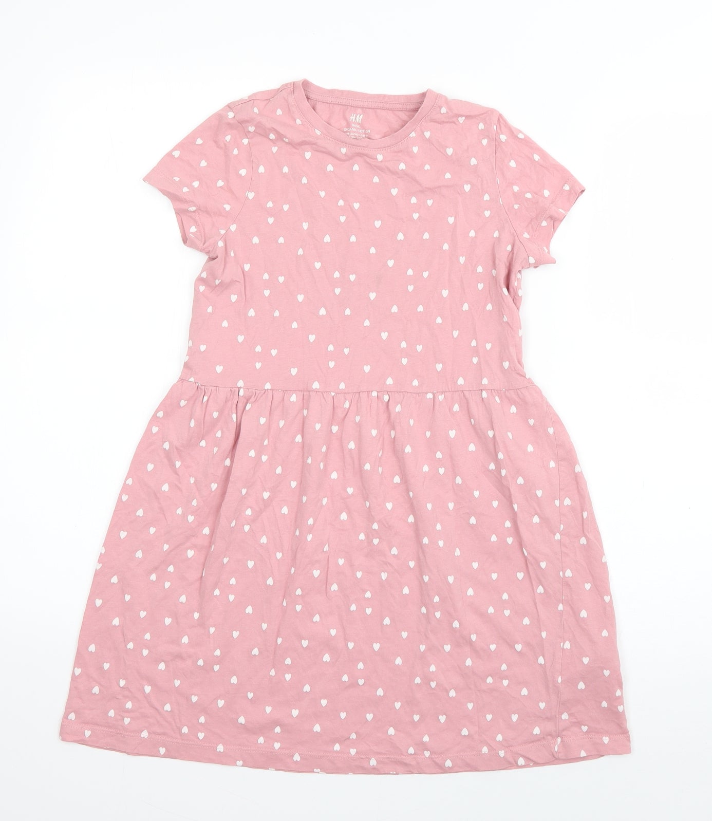 H&M Girls Pink Geometric Cotton T-Shirt Dress  Size 9-10 Years  Round Neck Pullover - Love Heart