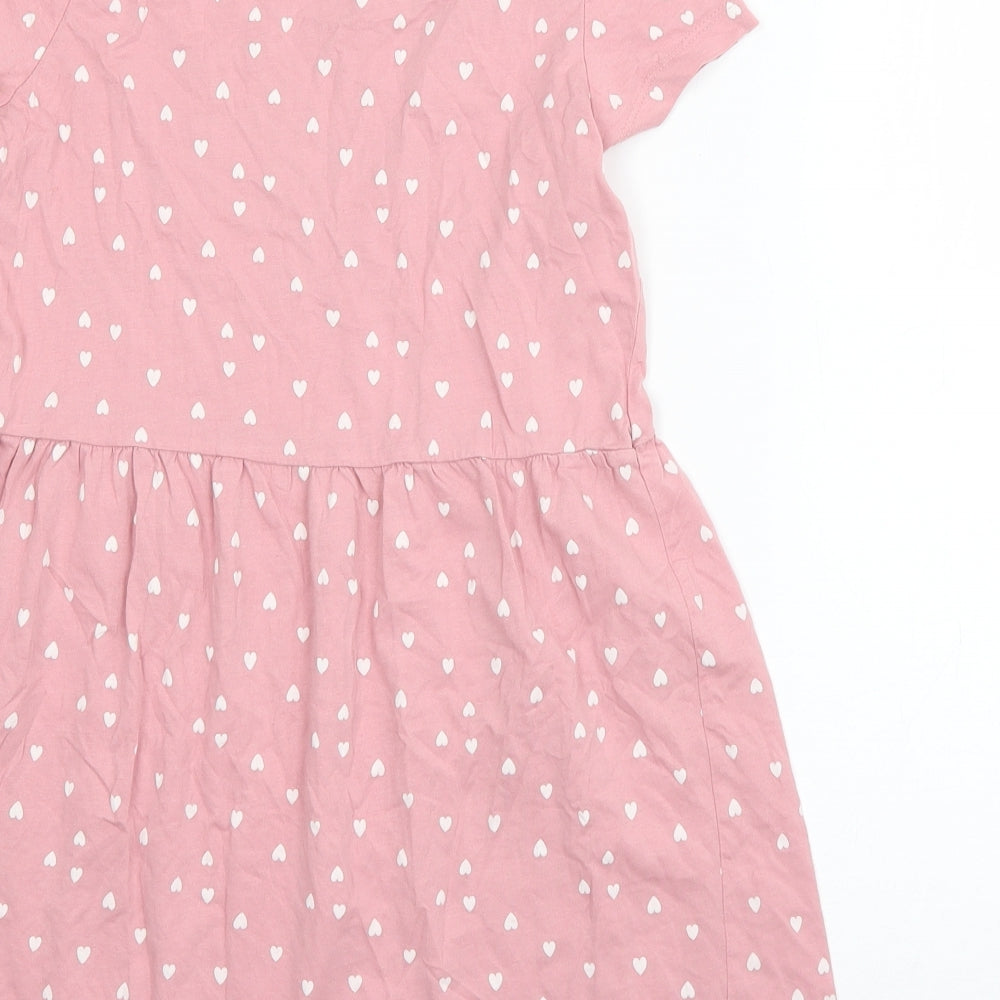 H&M Girls Pink Geometric Cotton T-Shirt Dress  Size 9-10 Years  Round Neck Pullover - Love Heart