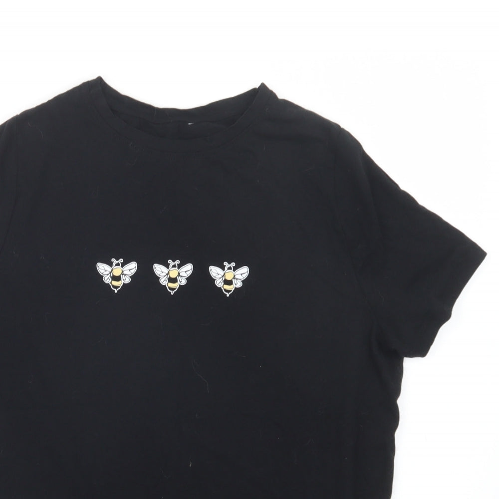 New Look Womens Black  Cotton Basic T-Shirt Size 14 Crew Neck - Bees
