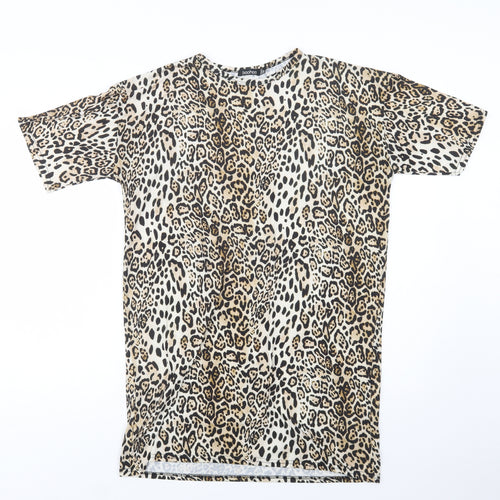 Boohoo Womens Beige Animal Print Polyester T-Shirt Dress  Size 8  Crew Neck