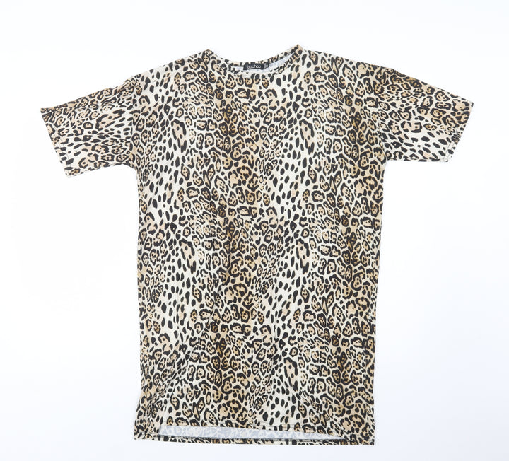 Boohoo Womens Beige Animal Print Polyester T-Shirt Dress Size 8 Crew Neck