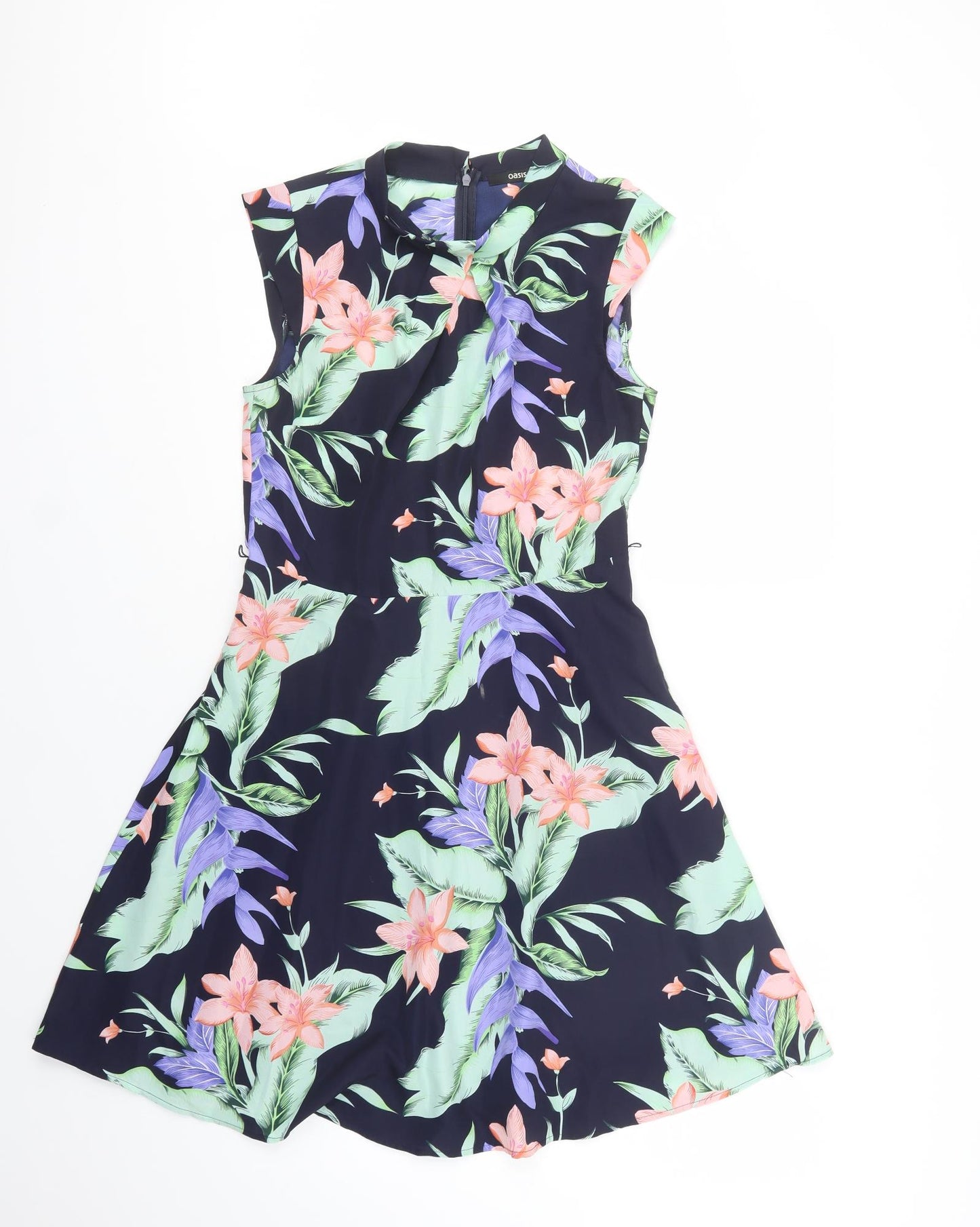 Oasis Womens Blue Floral Polyester Fit & Flare  Size 10  Mock Neck Zip