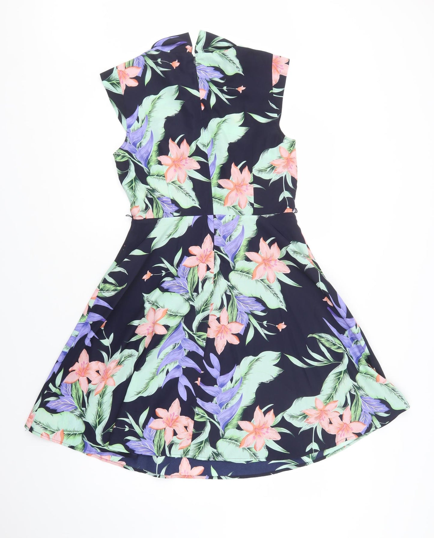 Oasis Womens Blue Floral Polyester Fit & Flare  Size 10  Mock Neck Zip