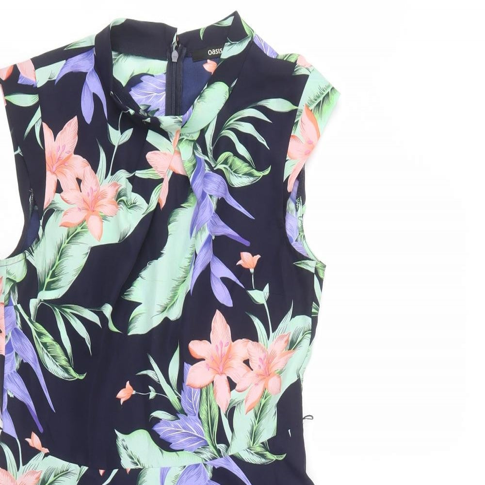 Oasis Womens Blue Floral Polyester Fit & Flare  Size 10  Mock Neck Zip