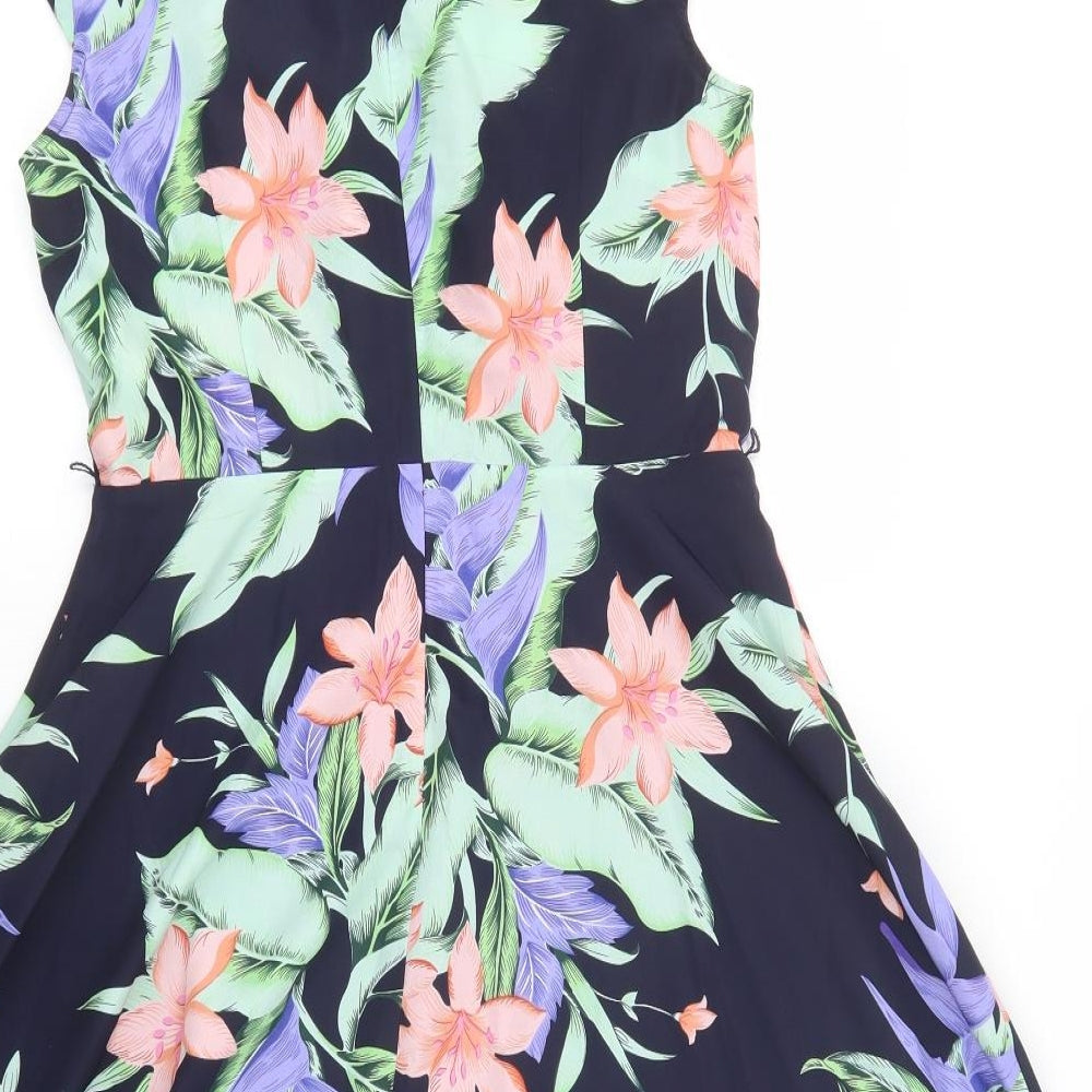 Oasis Womens Blue Floral Polyester Fit & Flare  Size 10  Mock Neck Zip
