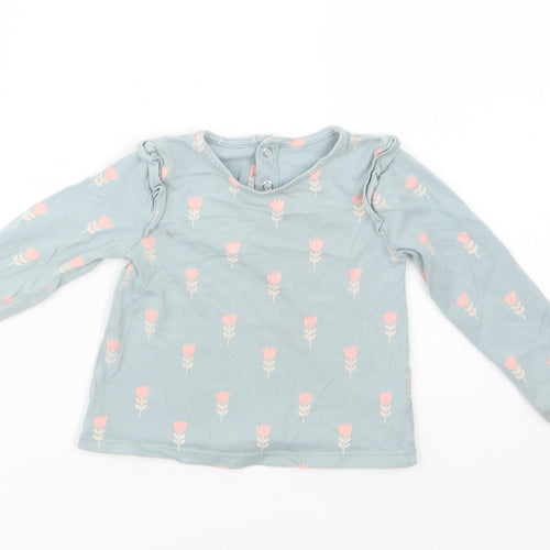 TU Baby Blue Floral Cotton Basic Blouse Size 9-12 Months Crew Neck Snap