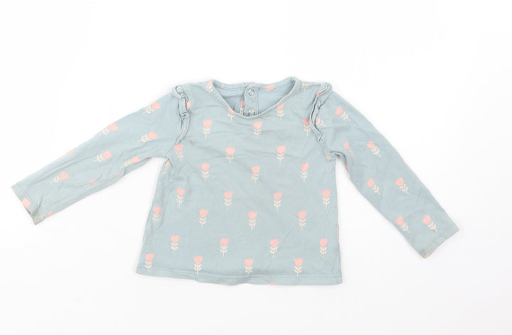 TU Baby Blue Floral Cotton Basic Blouse Size 9-12 Months Crew Neck Snap