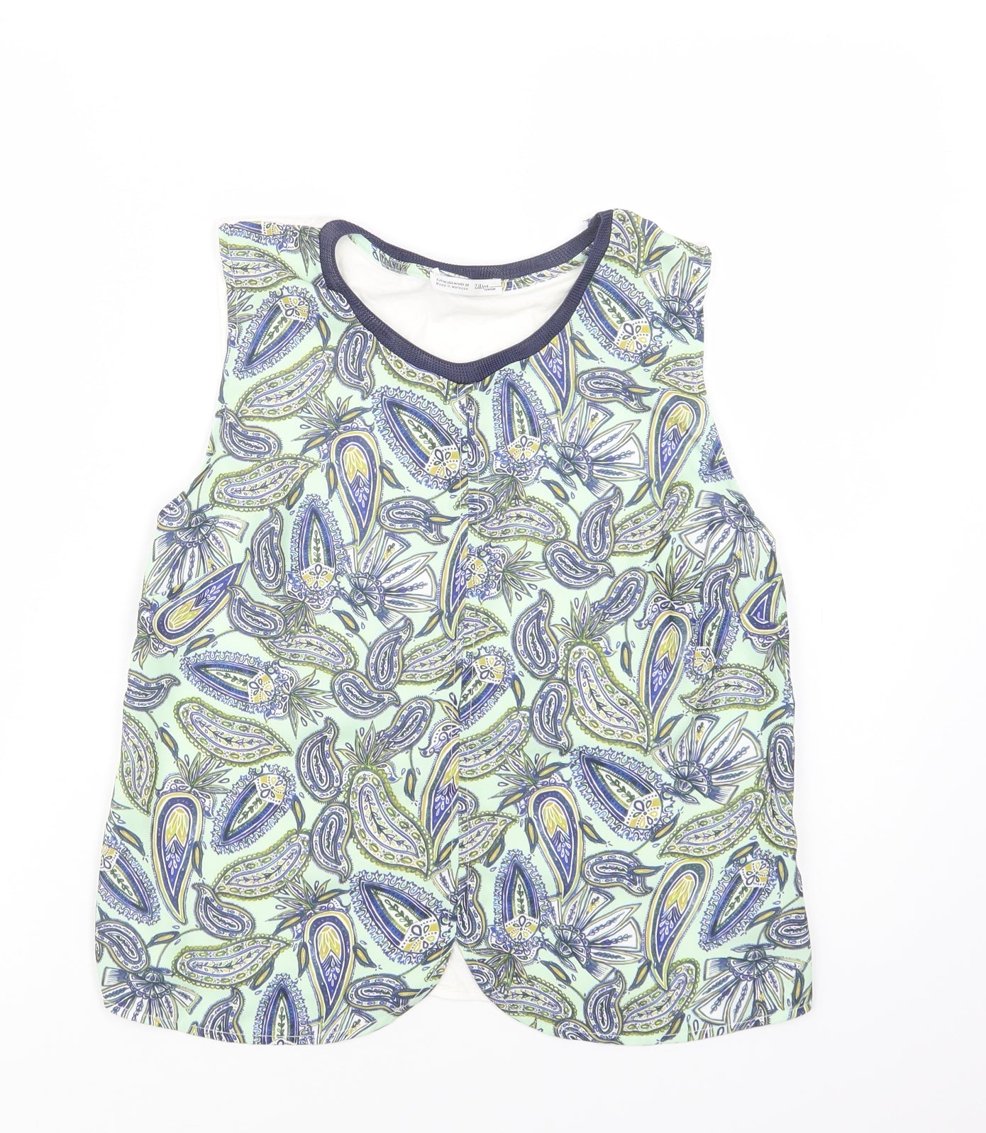 Zara Womens Green Paisley Viscose Basic Blouse Size M Crew Neck