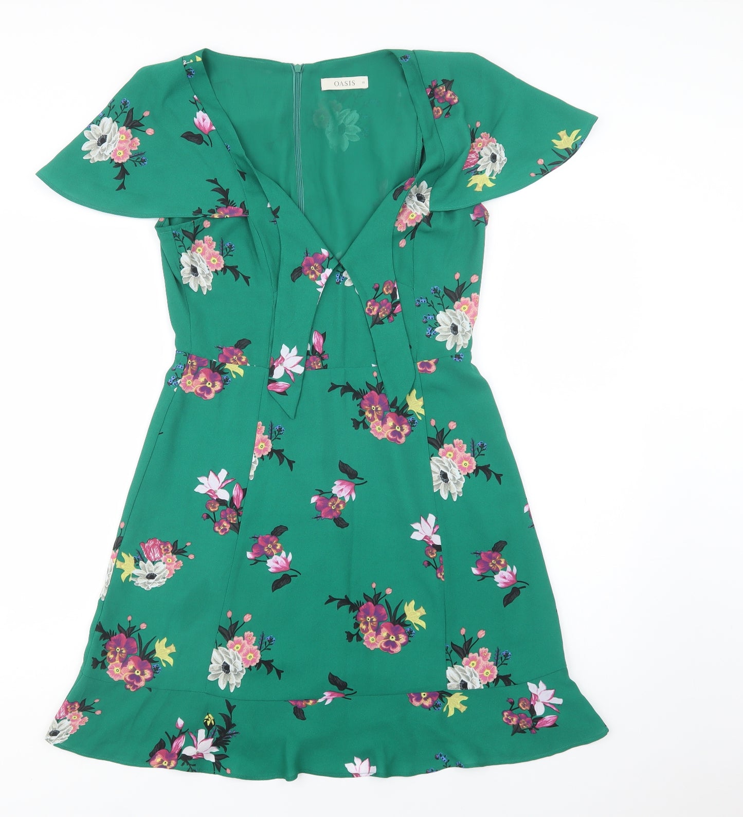 Oasis Womens Green Floral Polyester Fit & Flare  Size 10  V-Neck Zip
