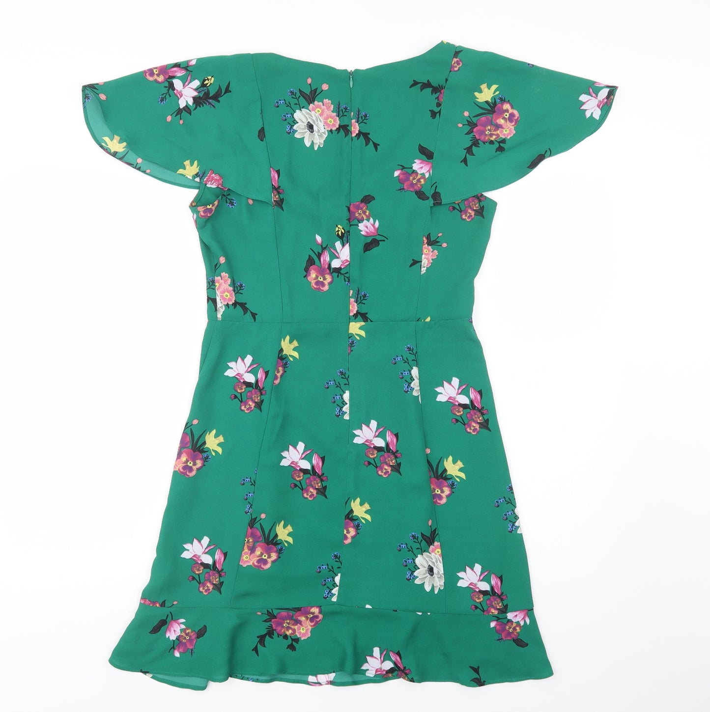 Oasis Womens Green Floral Polyester Fit & Flare  Size 10  V-Neck Zip