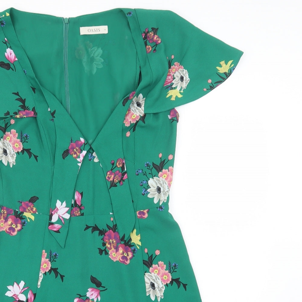 Oasis Womens Green Floral Polyester Fit & Flare  Size 10  V-Neck Zip