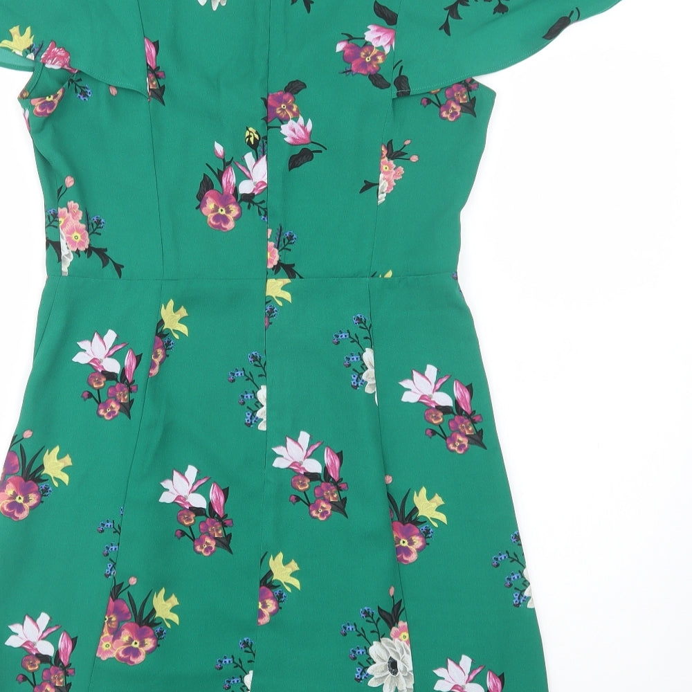 Oasis Womens Green Floral Polyester Fit & Flare  Size 10  V-Neck Zip