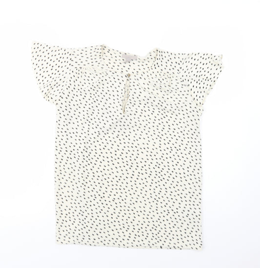 Front view of H&M women’s ivory animal print polyester basic blouse, size S, round neck
