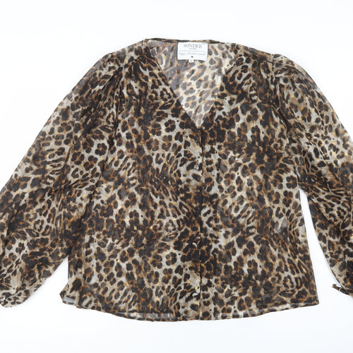Sonder Studio Womens Brown Animal Print Polyacrylate Fibre Basic Blouse Size 10 V-Neck