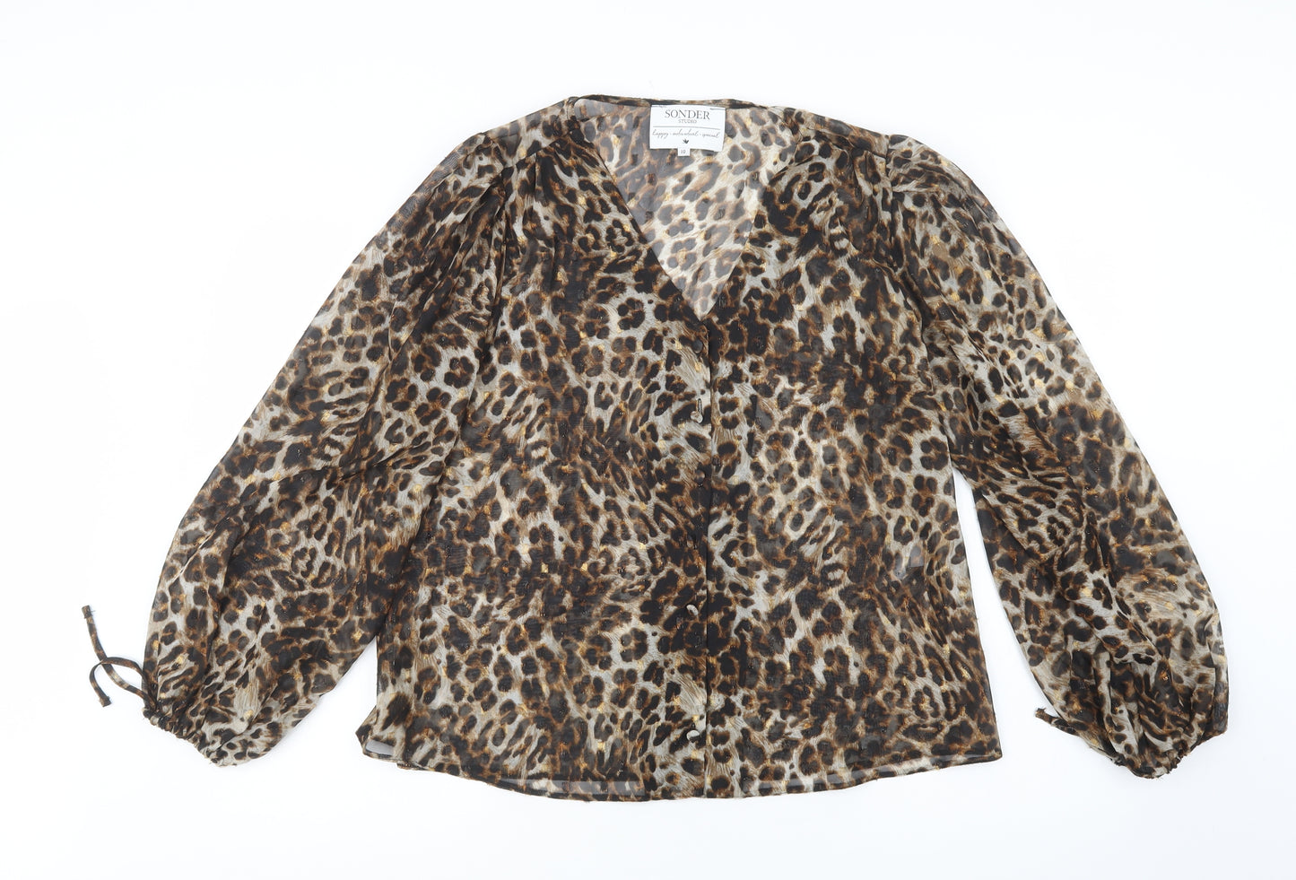 Sonder Studio Womens Brown Animal Print Polyacrylate Fibre Basic Blouse Size 10 V-Neck