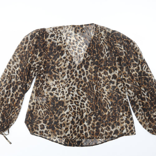 Sonder Studio Womens Brown Animal Print Polyacrylate Fibre Basic Blouse Size 10 V-Neck